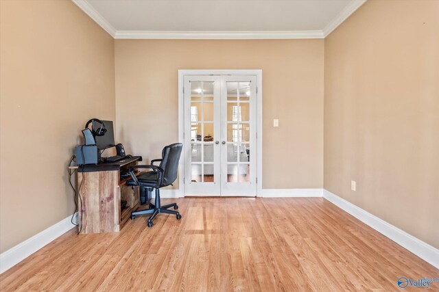 office space featuring baseboards, ornamental molding, wood finished floors, and french doors