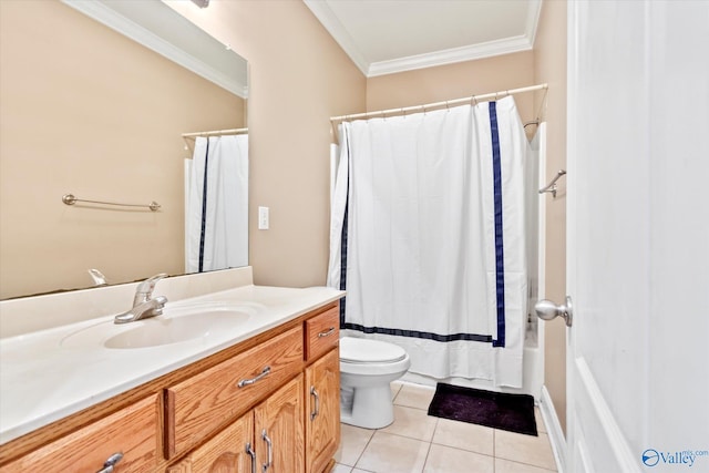 full bathroom featuring crown molding, toilet, shower / bath combo with shower curtain, vanity, and tile patterned flooring