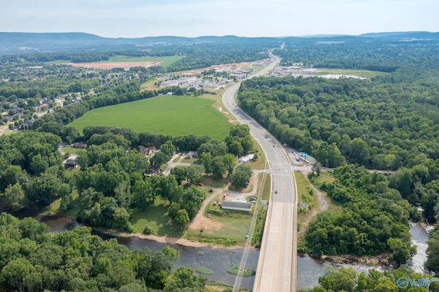 birds eye view of property with a forest view and a water view