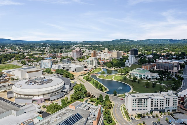 bird's eye view with a city view and a water and mountain view