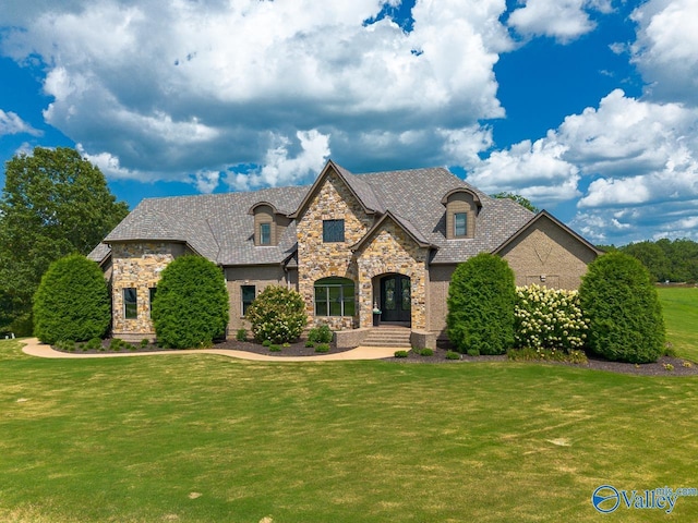 french country home with a front lawn, a high end roof, and stone siding