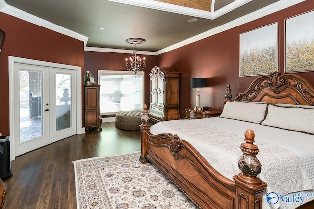 bedroom with french doors, crown molding, wood finished floors, access to exterior, and an inviting chandelier