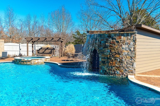 view of pool featuring cooling unit, a pool with connected hot tub, a pergola, and fence