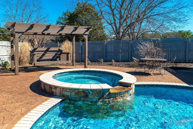 view of pool with a fenced backyard, a pool with connected hot tub, a patio, and a pergola