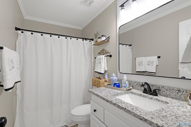 full bathroom with visible vents, toilet, vanity, and crown molding