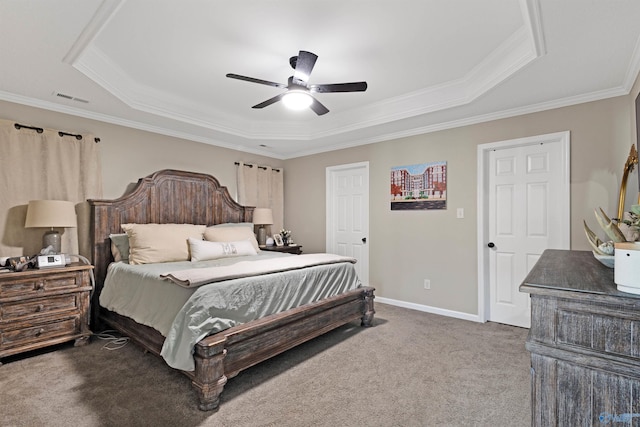 carpeted bedroom with visible vents, baseboards, ceiling fan, and ornamental molding