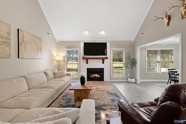 living room featuring wood finished floors, baseboards, high vaulted ceiling, ornamental molding, and a large fireplace