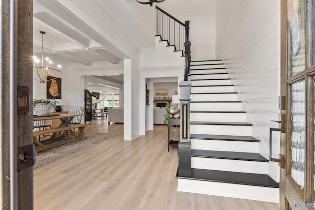 313 Merrydale Dr, Huntsville, AL 35811 - foyer entrance with stairs, coffered ceiling, light wood-style floors, a chandelier, and beam ceiling