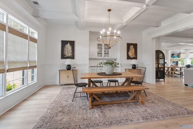 313 Merrydale Dr, Huntsville, AL 35811 - dining room featuring a chandelier, coffered ceiling, beamed ceiling, light wood finished floors, and a wainscoted wall