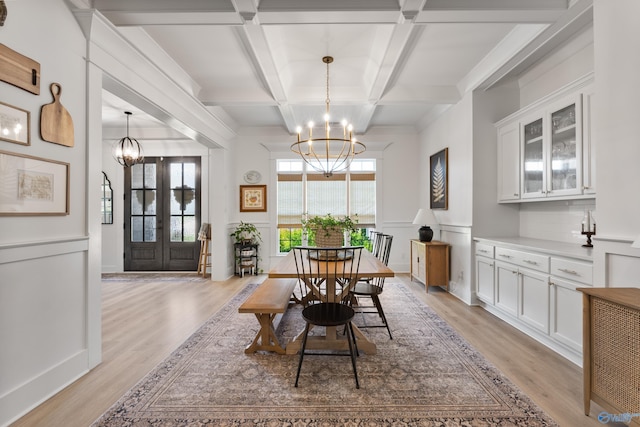 313 Merrydale Dr, Huntsville, AL 35811 - dining room featuring a chandelier, light wood-style flooring, coffered ceiling, beam ceiling, and french doors