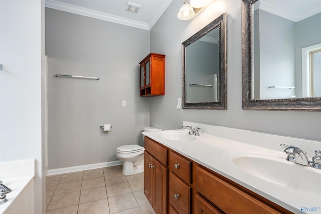 bathroom with a tub to relax in, tile patterned flooring, vanity, toilet, and crown molding