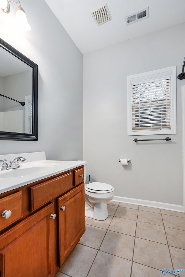 bathroom with vanity, toilet, and tile patterned flooring