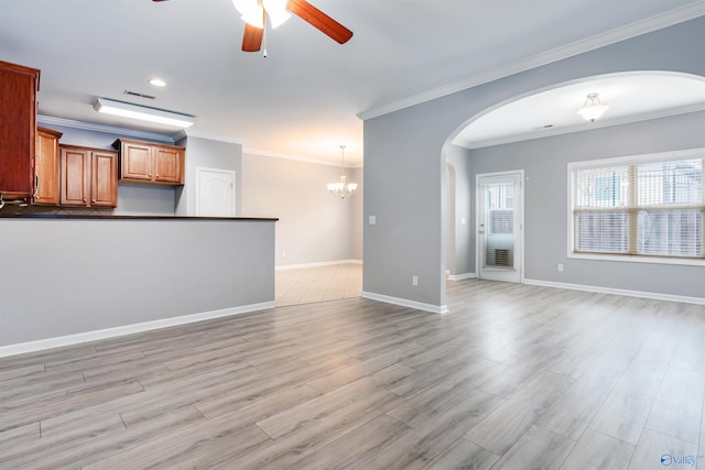 unfurnished living room featuring crown molding, ceiling fan, and light wood-type flooring