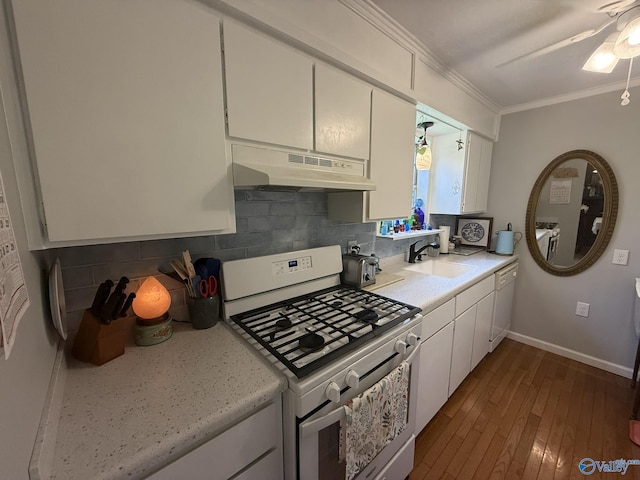 1128 Brashiers Chapel Rd, Arab, AL 35016 - kitchen with white appliances, under cabinet range hood, light countertops, ornamental molding, and tasteful backsplash