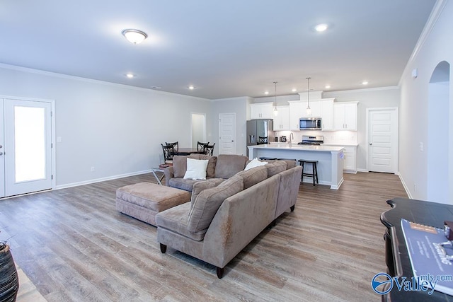 living room with light hardwood / wood-style floors, sink, and crown molding