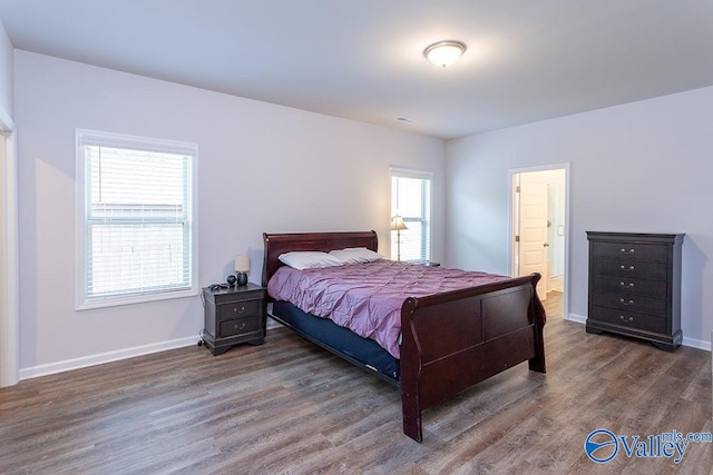 bedroom featuring ensuite bathroom, multiple windows, and dark wood-type flooring