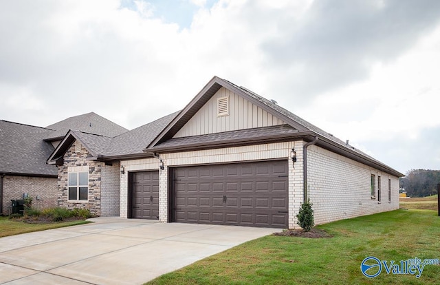 view of property exterior featuring a garage and a lawn