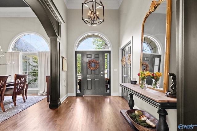 foyer entrance with a healthy amount of sunlight, a chandelier, a high ceiling, and dark hardwood / wood-style flooring