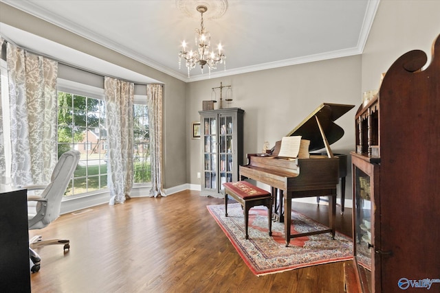 miscellaneous room featuring an inviting chandelier, ornamental molding, and hardwood / wood-style flooring