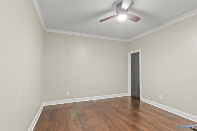 unfurnished room with ceiling fan, crown molding, and dark hardwood / wood-style flooring