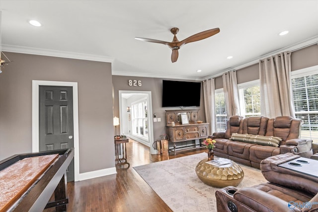 4716 Slalom Run SE, Owens Cross Roads, AL 35763 - living area with ceiling fan, dark wood finished floors, baseboards, ornamental molding, and recessed lighting