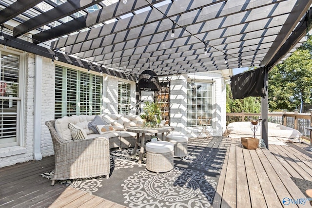 deck featuring outdoor lounge area and a pergola