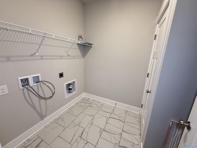 laundry area featuring laundry area, washer hookup, baseboards, marble finish floor, and electric dryer hookup