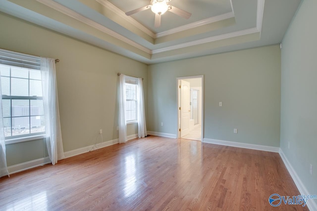 spare room with a tray ceiling, crown molding, and a healthy amount of sunlight