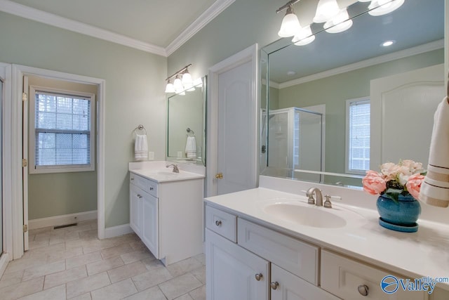 bathroom featuring tile patterned flooring, vanity, an enclosed shower, and ornamental molding