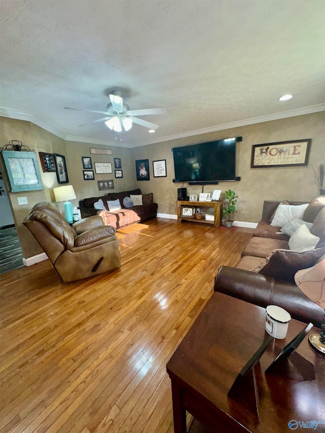 living room featuring ceiling fan, crown molding, wood-type flooring, and a textured ceiling