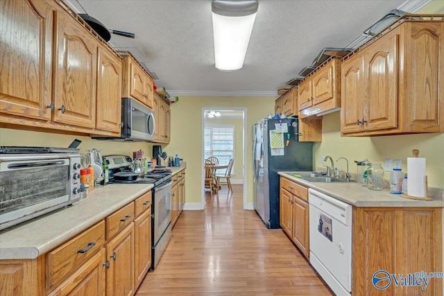 23311 Toone Rd, Elkmont, AL 35620 - kitchen with light countertops, a sink, light wood finished floors, appliances with stainless steel finishes, and a textured ceiling