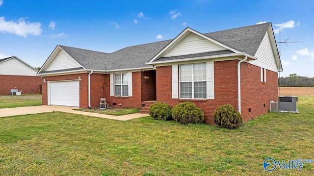 23311 Toone Rd, Elkmont, AL 35620 - single story home featuring a front yard, concrete driveway, central air condition unit, brick siding, and a garage