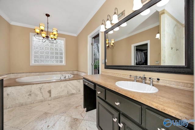 full bath featuring crown molding, a bath, a chandelier, and vanity