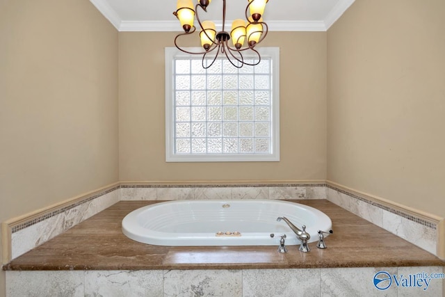 bathroom featuring ornamental molding, a bath, and a notable chandelier