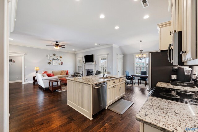 kitchen featuring ceiling fan with notable chandelier, stainless steel dishwasher, dark hardwood / wood-style floors, light stone countertops, and sink