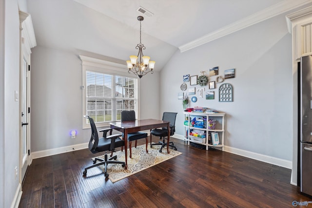 dining space featuring vaulted ceiling, dark hardwood / wood-style floors, a notable chandelier, and crown molding