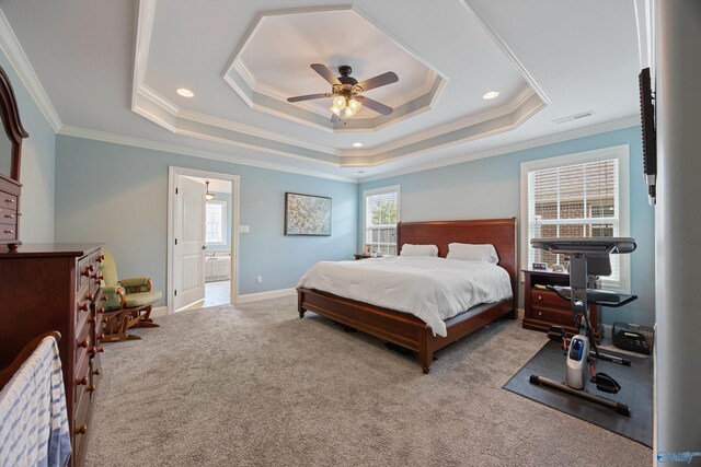 bedroom featuring light carpet, crown molding, and ceiling fan