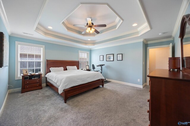 bedroom featuring crown molding, multiple windows, and ceiling fan