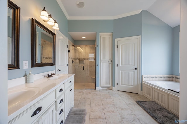 bathroom featuring shower with separate bathtub, tile patterned flooring, ornamental molding, and double sink vanity