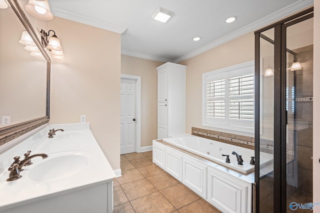 full bathroom featuring a sink, a stall shower, ornamental molding, a jetted tub, and tile patterned flooring