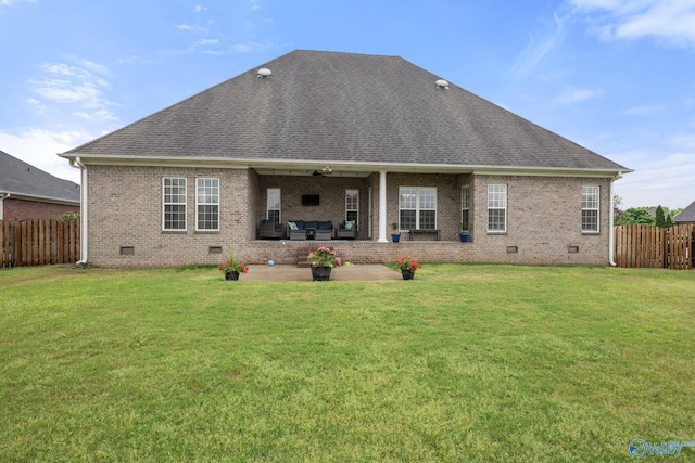 rear view of property with a patio, crawl space, a fenced backyard, and roof with shingles