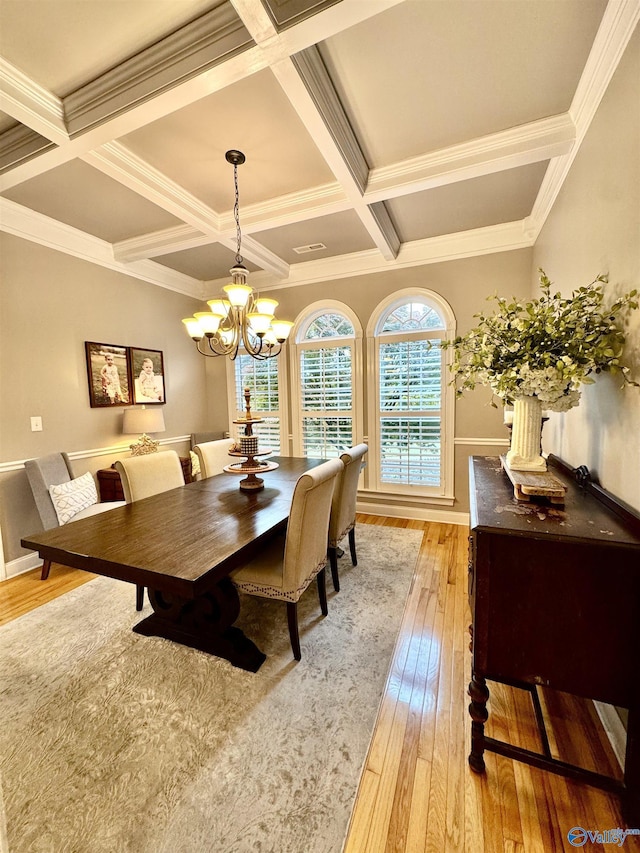 dining room with crown molding, beamed ceiling, a chandelier, coffered ceiling, and light wood finished floors