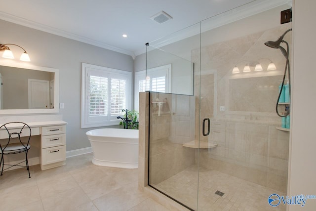 bathroom featuring crown molding, a soaking tub, visible vents, a shower stall, and vanity