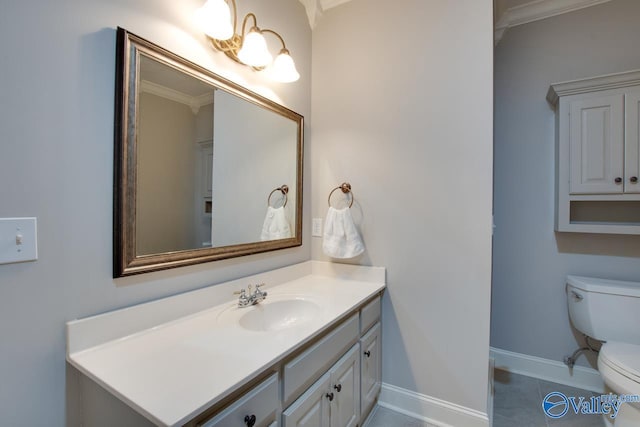 half bath featuring baseboards, toilet, tile patterned flooring, crown molding, and vanity