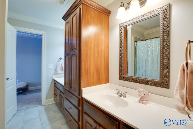 bathroom with tile patterned flooring, visible vents, crown molding, and vanity