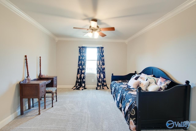 bedroom featuring ornamental molding, carpet, ceiling fan, and baseboards