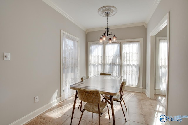 dining area with light tile patterned floors, ornamental molding, and baseboards