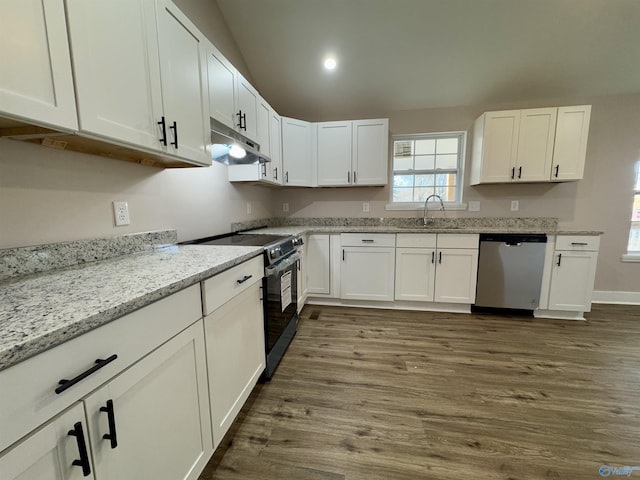 kitchen with white cabinetry, sink, electric range, and dishwasher