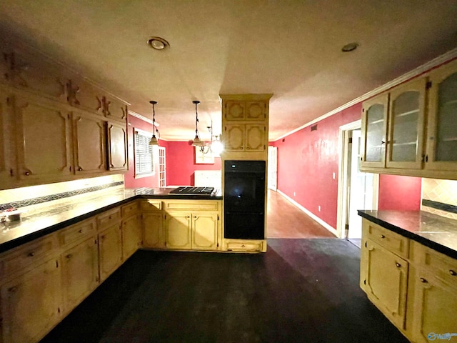 kitchen featuring backsplash, kitchen peninsula, crown molding, and decorative light fixtures