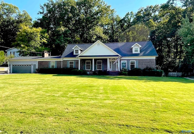 cape cod house with a front lawn, a porch, and a garage